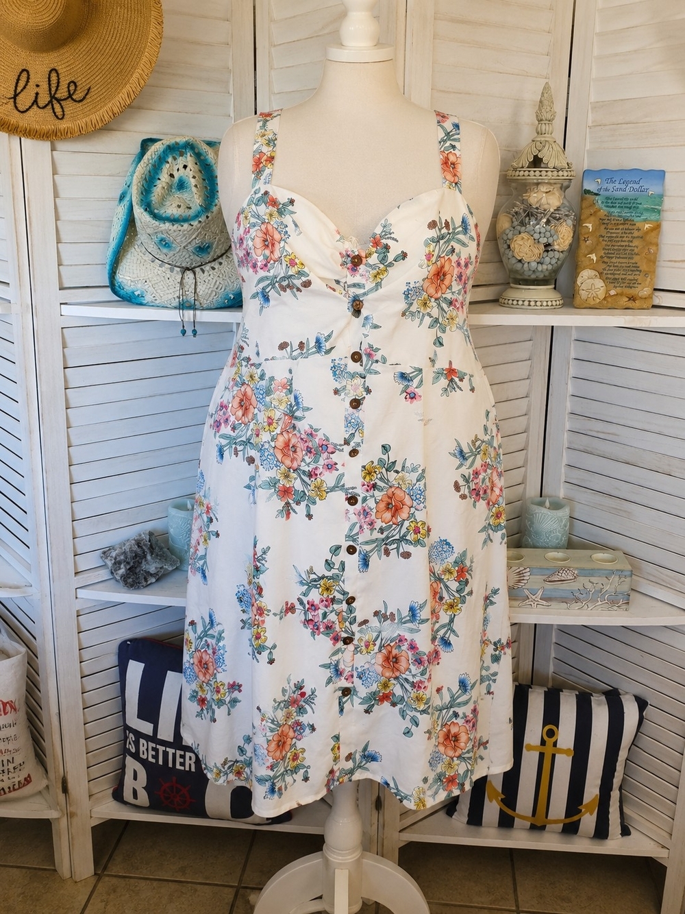 Floral Sweetheart Sundress in White with Multi-Color Blossoms Size 3X